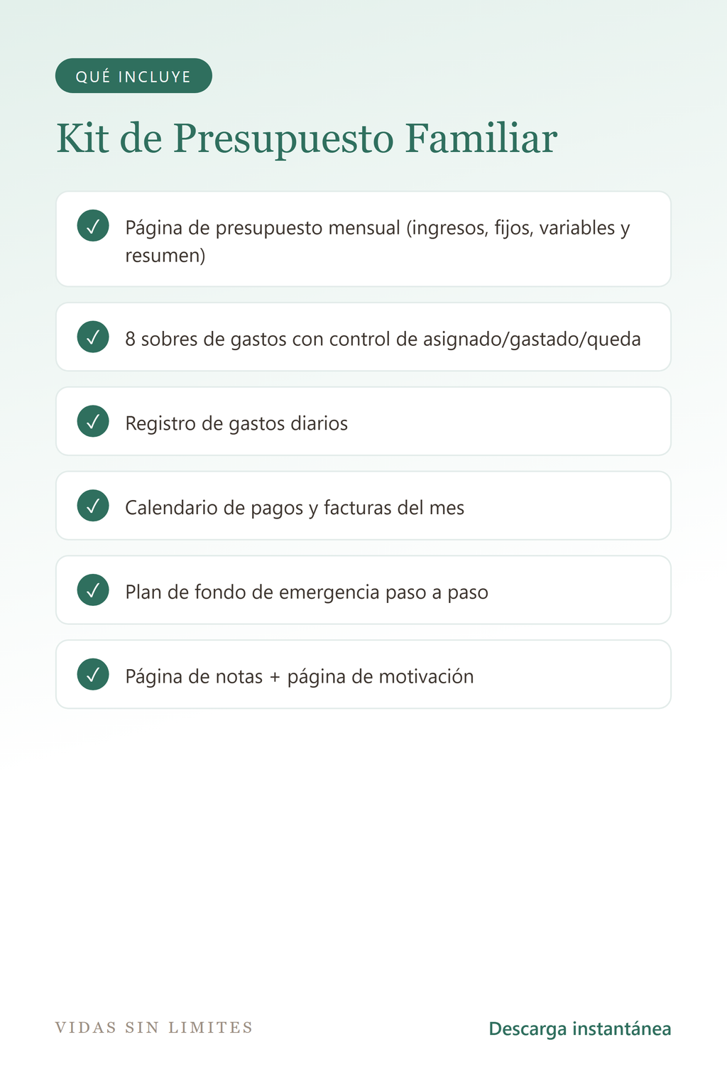 Kit de Presupuesto Familiar — Método de Sobres — qué incluye