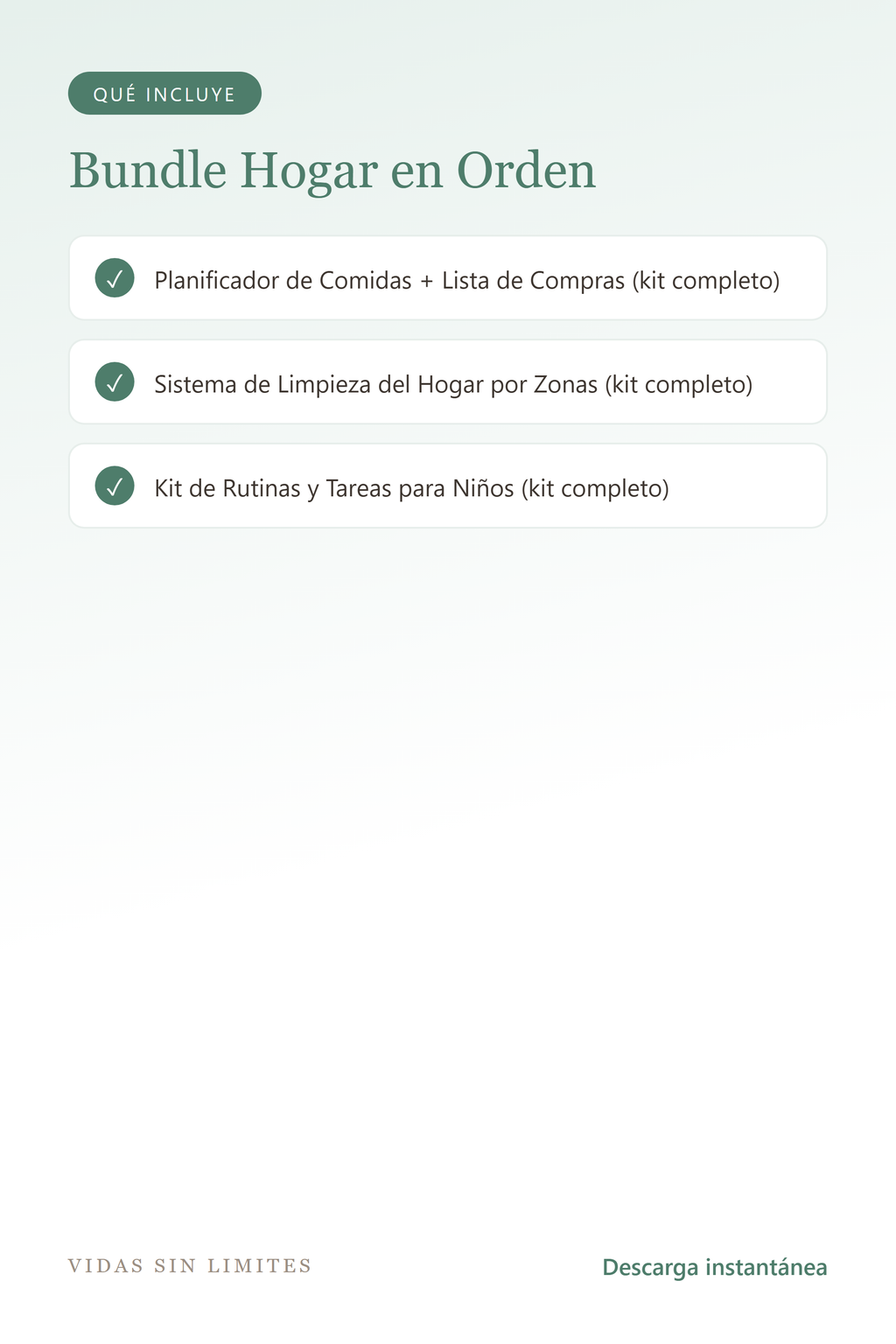 Bundle Hogar en Orden — Comidas + Limpieza + Niños — qué incluye