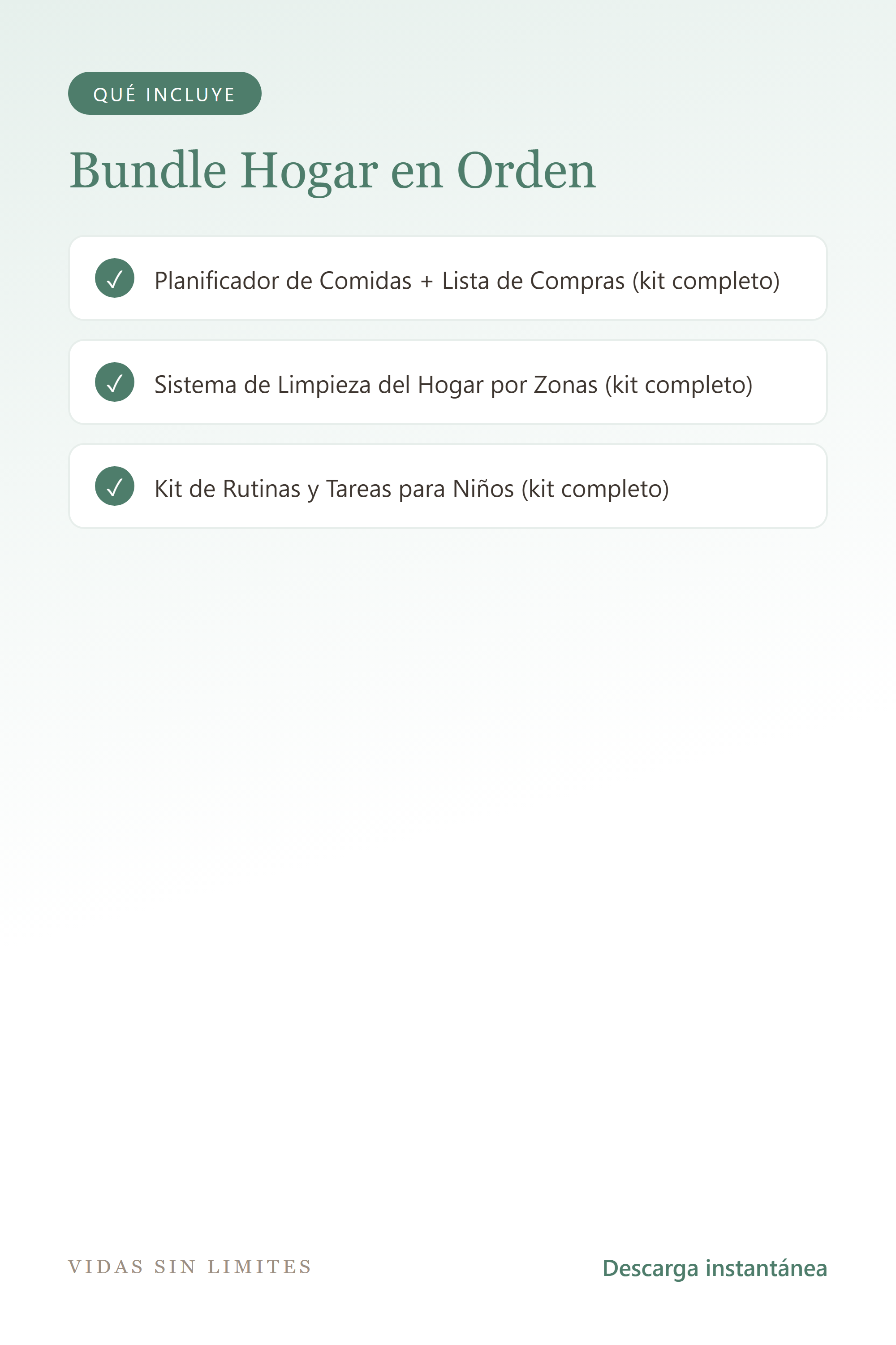 Bundle Hogar en Orden — Comidas + Limpieza + Niños — qué incluye