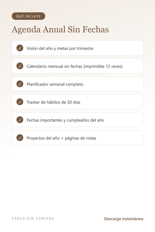 Agenda Anual Sin Fechas — Organizador de Vida — qué incluye