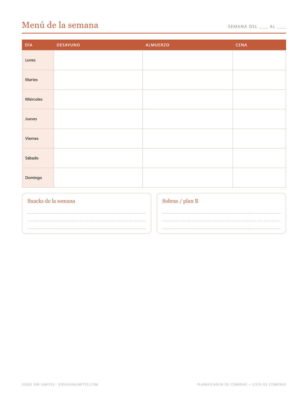Planificador de Comidas + Lista de Compras — página interior