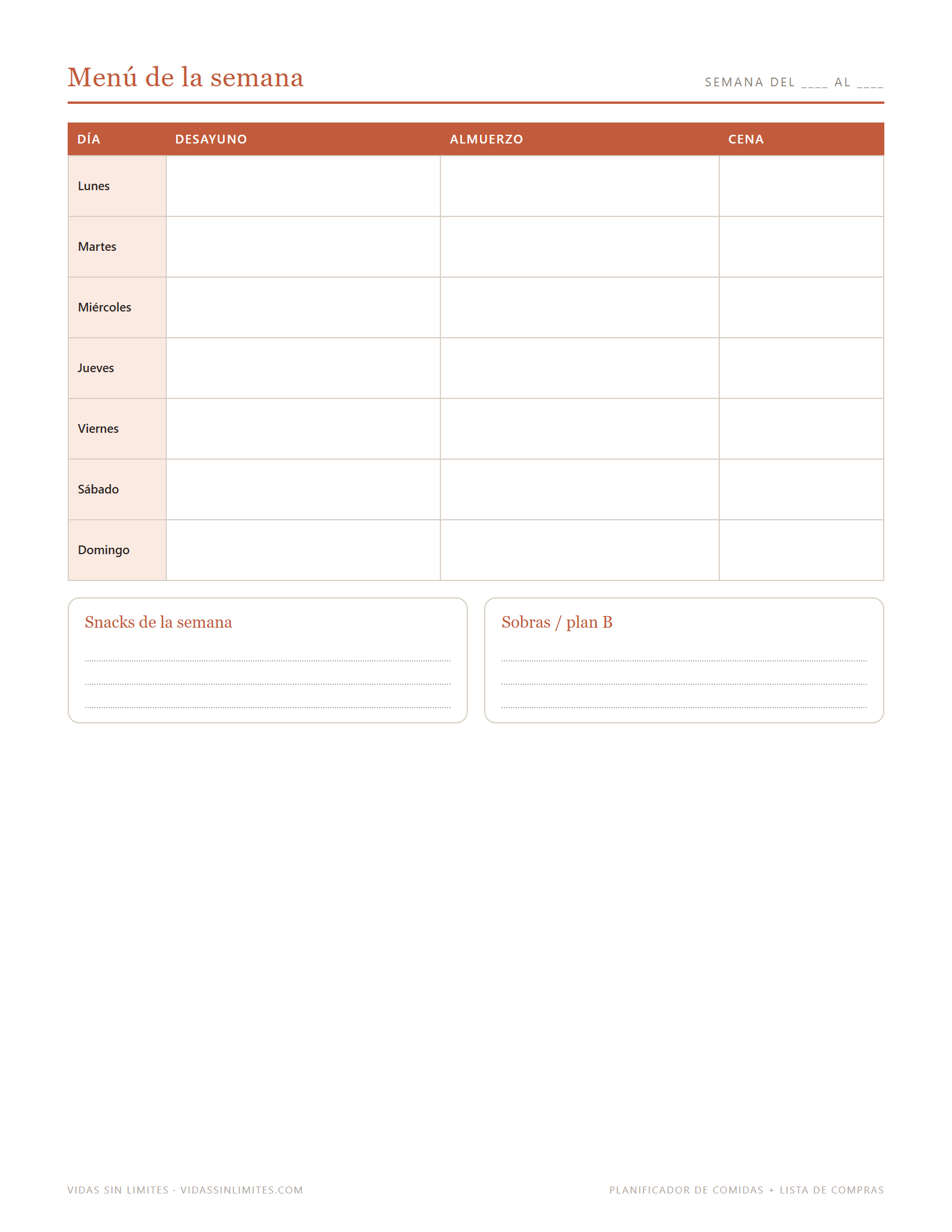 Planificador de Comidas + Lista de Compras — página interior