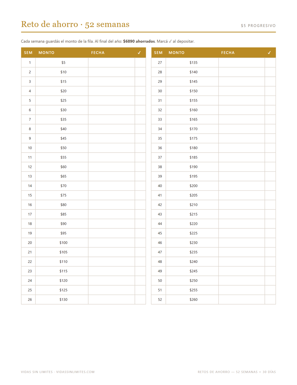 Retos de Ahorro — 52 Semanas + 30 Días — página interior 2
